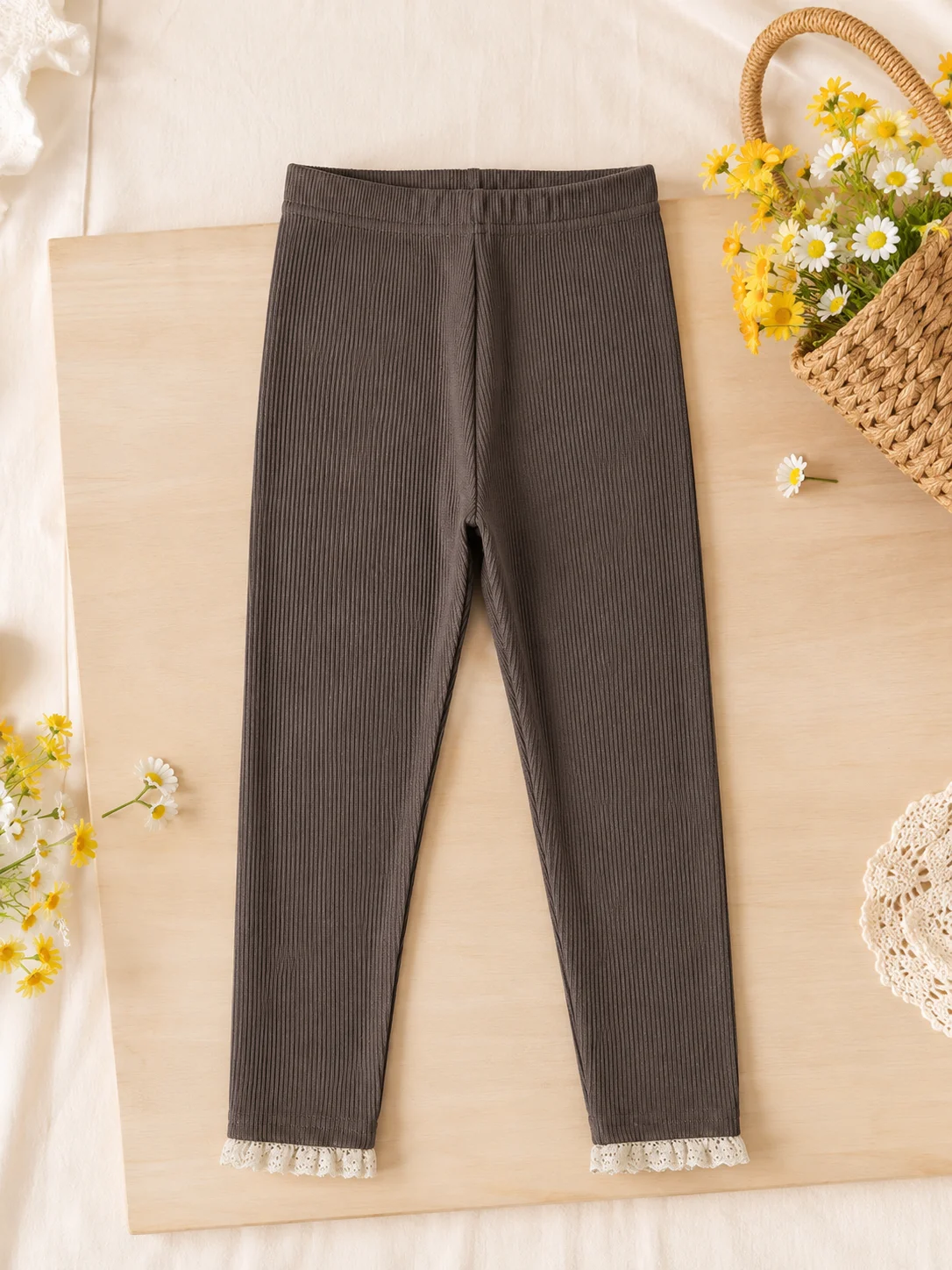 Spring Autumn Baby Girl Dark‑Grey Ribbed Leggings, Infant Stretch‑Fit Long Pants With Exquisite Lace Trim At Cuff For Daily Outf