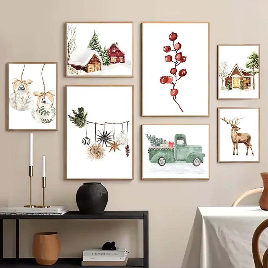 Watercolor Rustic Christmas Canvas Print Wall Art  Frameless, Deer Truck Snowy Cabin Berries Ornaments Decor