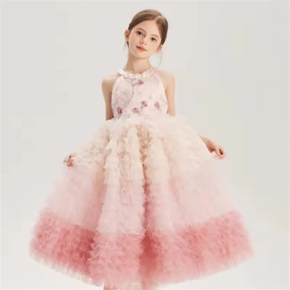 

Luxury Wedding Flower Girl Dress Gradient Appliques Sleeveless with Bow Princess Party Gown Beauty Pageant Performance Wear