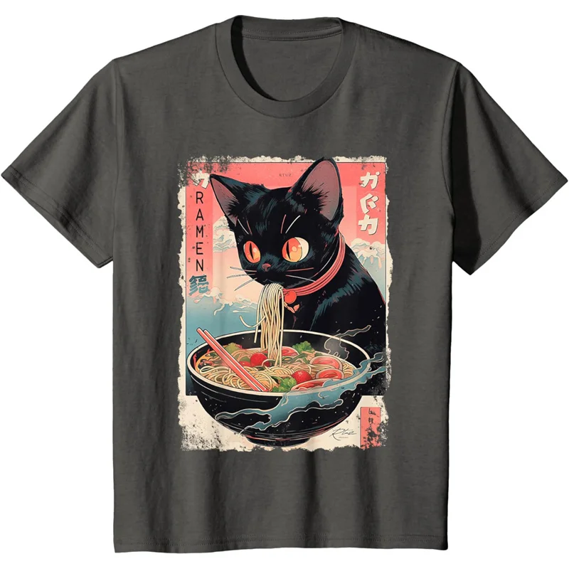 Cute Cat Pattern T Shirt For Women Delicious Noodles 3D Printed Short Sleeves Summer Leisure Tees O-Neck Loose Tops T-Shirts