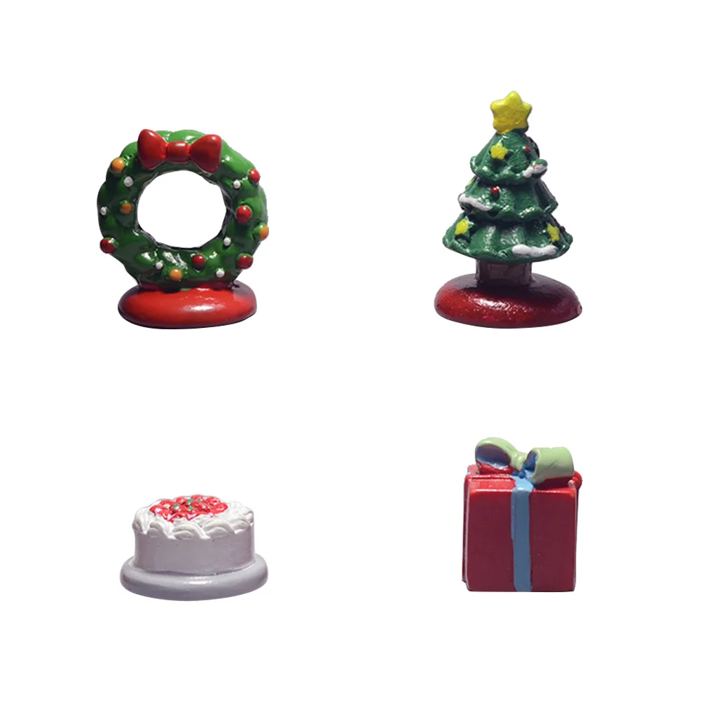 

4pcs Resin Christmas Tree Wreath Cake Gift Miniature Landscape Accessory Home Office Decor Ornament Desk Bonsai Garden