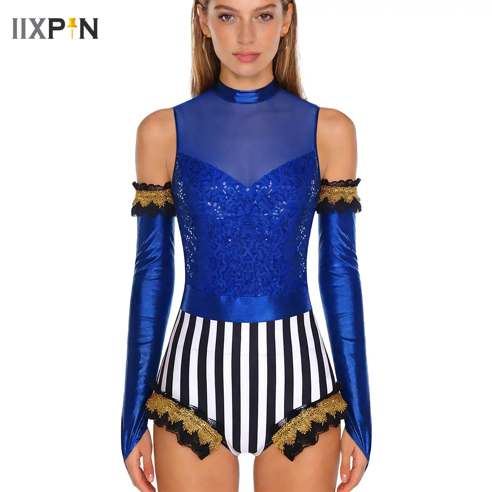 

Womens Circus Ringmaster Bodysuit with Gloves Sequined Striped Ruffled Trim Leotard And Gloves for Halloween Carnival Cosplay