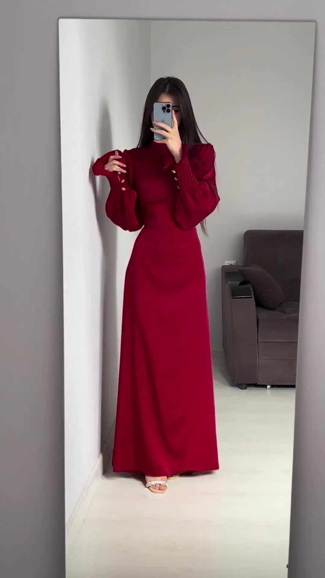 PuTao Prom Dress 2024 New Simple Women Party Dress Fashion Solid Pleated Long Sleeves High Neck Elegant Lady Maxi Dresses