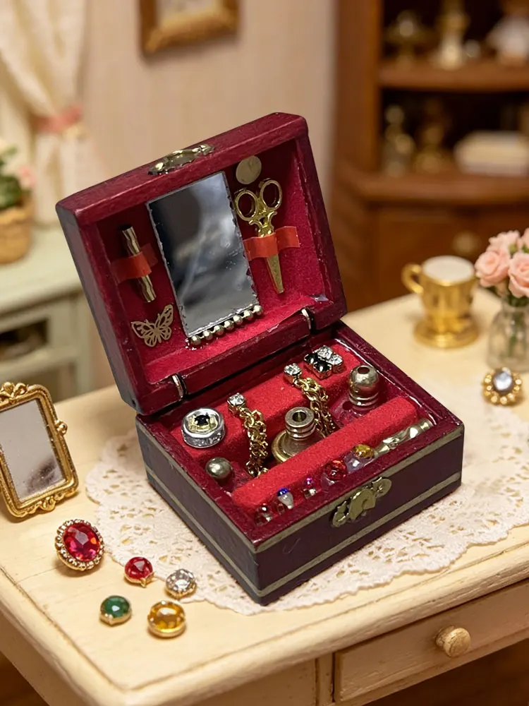 1: 12 Dollhouse Mini Wooden Retro Jewelry Box Simulation Miniature Retro Accessories Room Jewelry Scene Model view 3