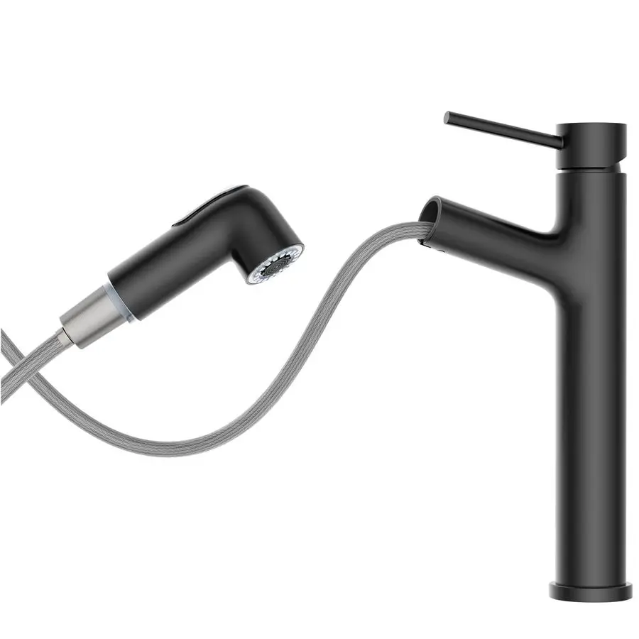 

Sink Faucet Black with Pull Out Sprayer, Tall Bathroom Faucets with Pop Up Drain, Stainless Steel Single Handle Faucets with 2 S