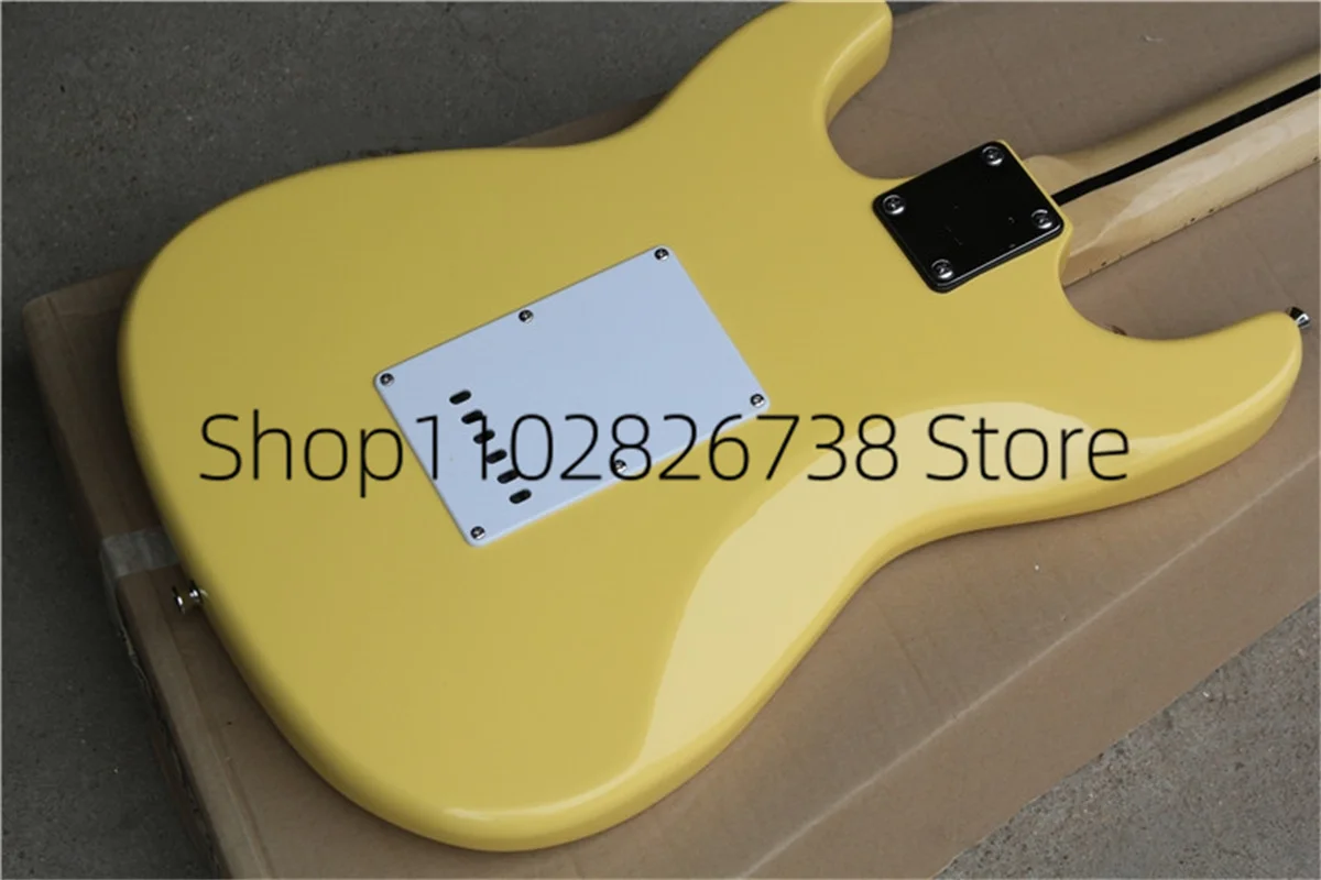 Stra Electric Guitar Yellow Body Black SSS Pickups White Guard Maple Fingerbard Factory Custom