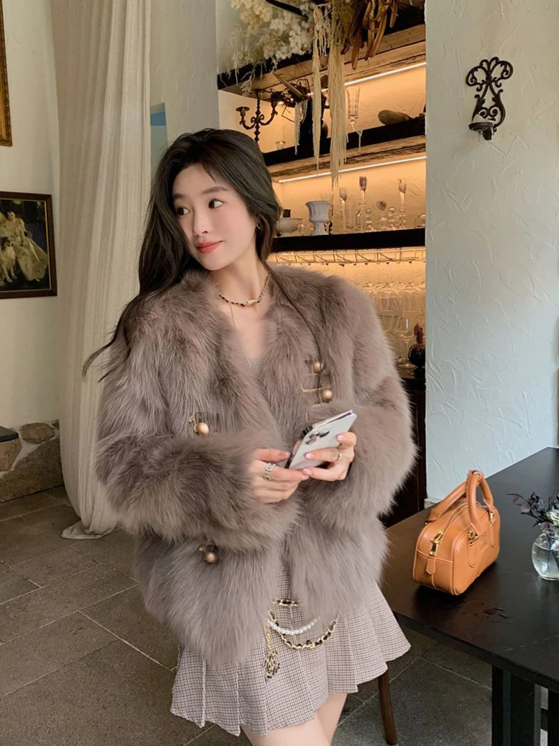 Chic White Women Faux Fur Jacket Pearl Button Coat Collarless Long Sleeve Cropped Loose Luxury Cozy Winter Outerwear Top