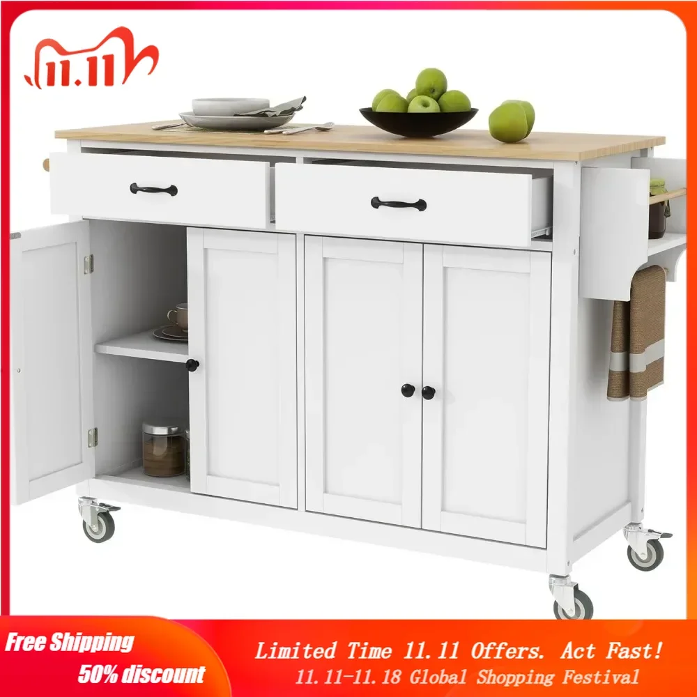 

Rolling Kitchen Island on Wheels, Kitchen Island with Solid Wood Top, Large Kitchen Island Cart with Storage