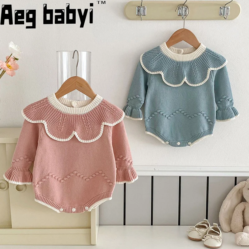 

Baby Knitted Bodysuit Infant Girl Newborn Clothes Hand-Made-Ball Collar Long Sleeve Jumpsuit Outfit Baby Autumn Clothing Sweater