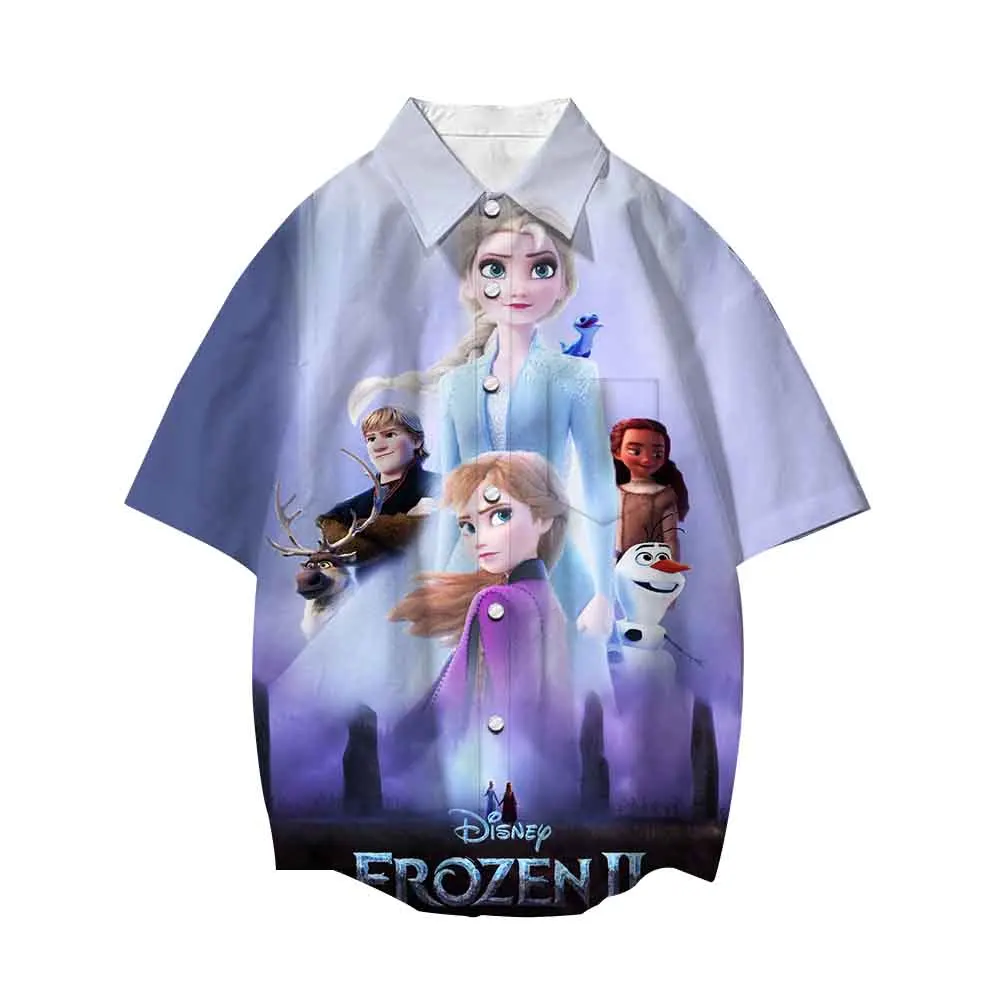 

Disney Frozen Elsa Anna Boys Girls 3D Shirts Cartoon Lapel Short Sleeve Casual Button Loose Shirt Men Women Street Tops