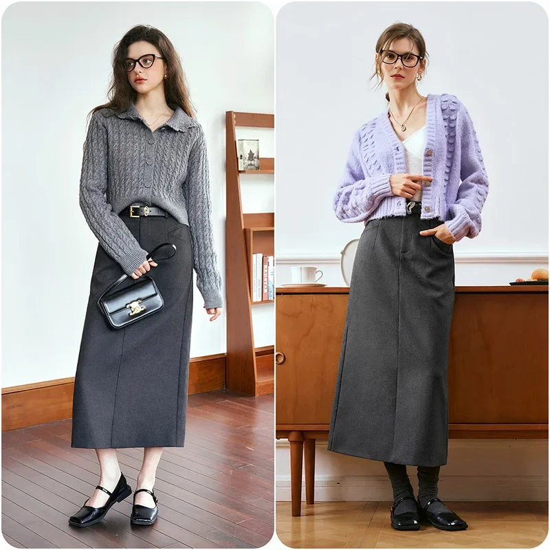 OLrain Office Grey Midi Skirts for Women 2025 Spring Office Lady Slit High Waist Loose Elegant Straight pencil Skirt M56QB88536