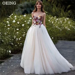 OEING Pastrol Dresses Simple Strapless Princess 3D Flowers Appliques Celebrity Prom Dress Elegant Long Wedding Party Gowns