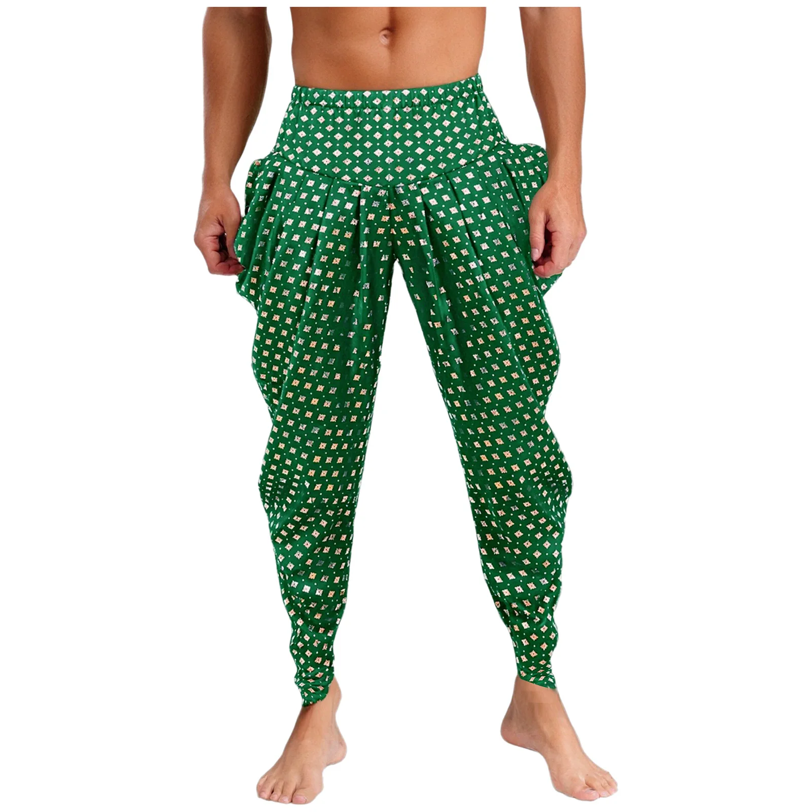 

Men Traditional Indian Ethnic Clothing Pleated Trousers Metallic Floral Printed Satin Dhoti Pants Halloween Theme Party Costumes