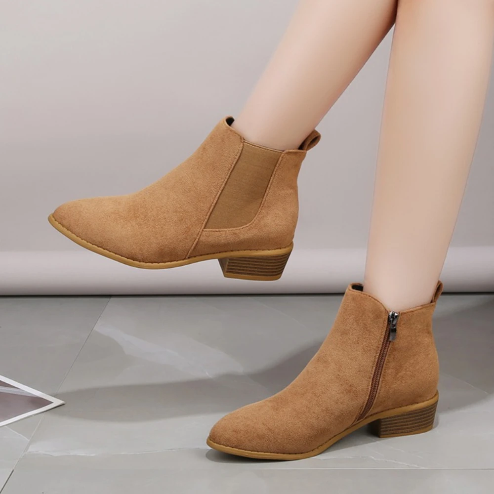 Women's Natural Suede Elastic Patch Low Heel Shoes Autumn and Winter Ankle Boots Square Toe Casual Short Boots Size 36-43