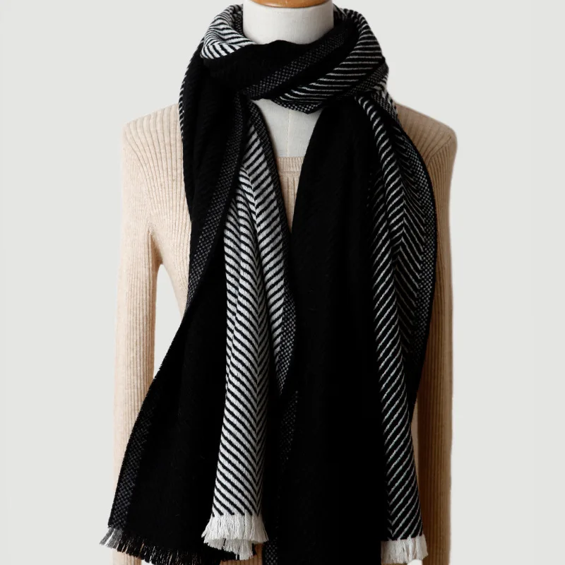 Herringbone Color Block Wool Scarf Shawl Dual Use Fleece Winter Warm Wrap for Men Women