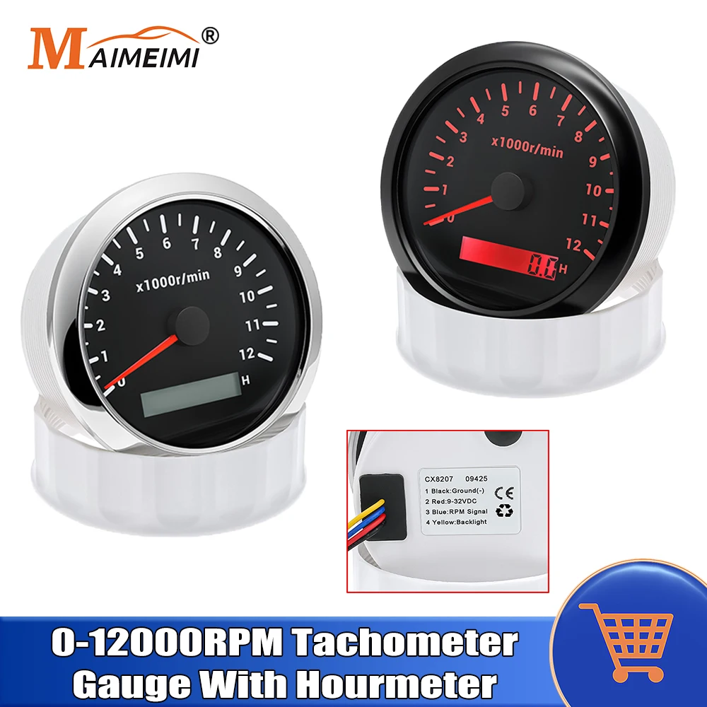 

Универсальный тахометр 85 мм 0-12000 об/мин для лодки, автомобиля, регулируемый 12 В/24 В, автомобильный морской тахометр со светодиодным счетчиком часов
