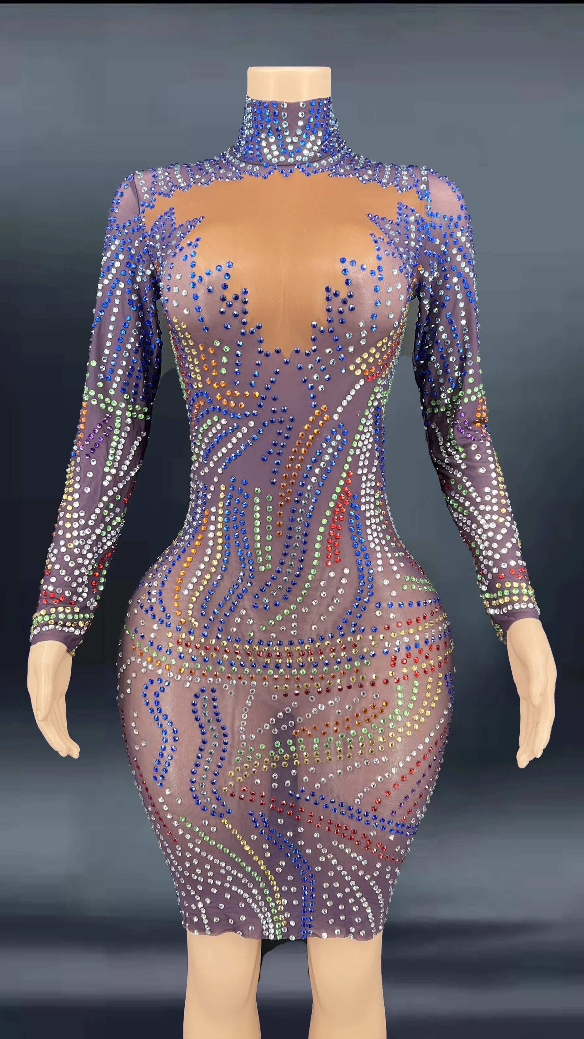 

Women Mesh Multi-color Rhinestone Dress Transparent Long Sleeve Dress Evening Birthday Celebrate Party plus size