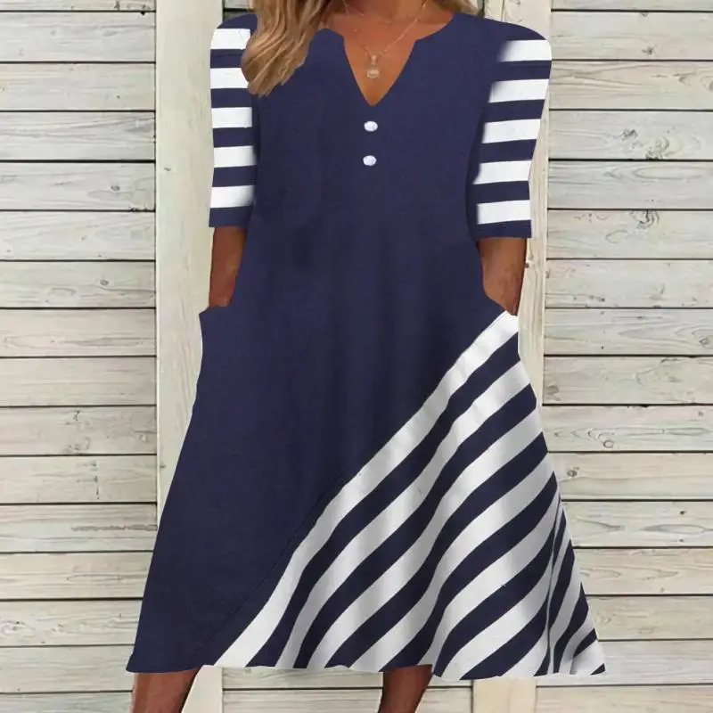 

Women's Short Sleeve V-neck Blue Striped Printed Midi Dress