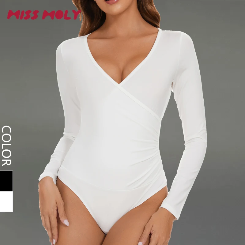 

Playsuit Women's Cross Wrap Ruched Plunge Deep V Neck Long Sleeve Bodysuits Shapewear Tummy Control Body Shaper Sexy Clubwear