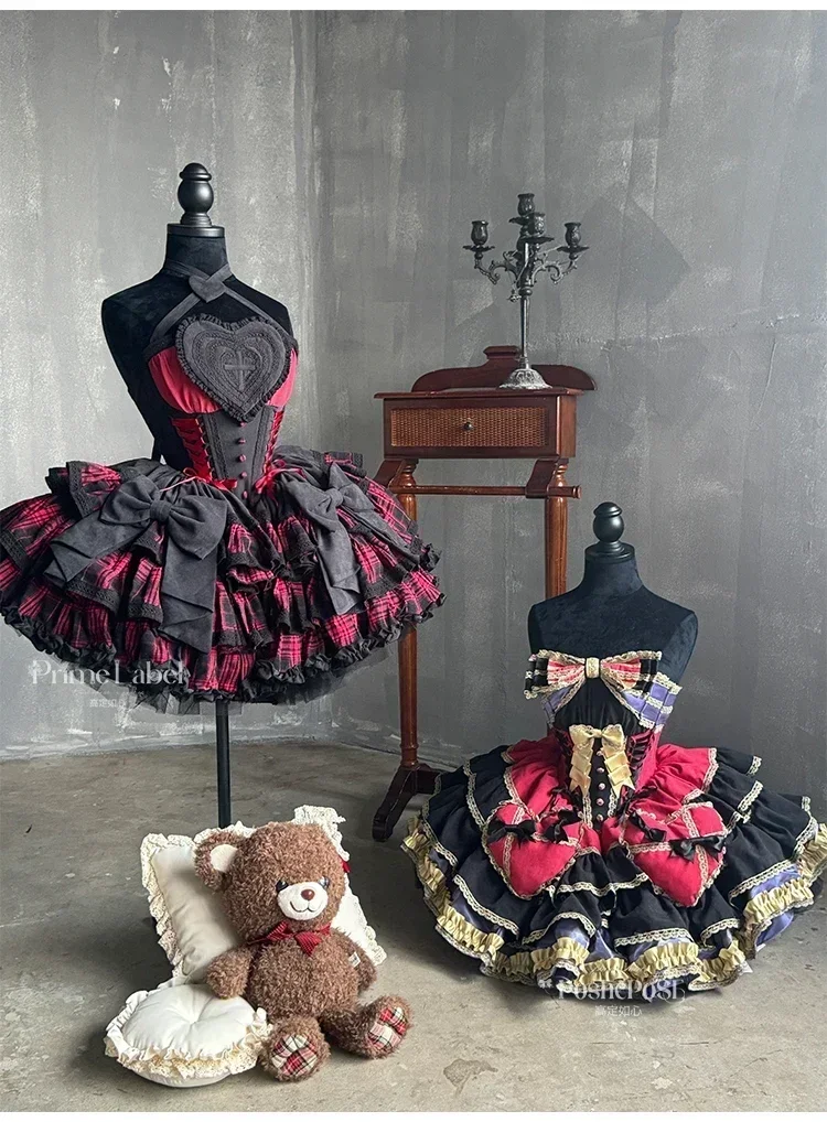 High Quality Cosplay Lolita Black Red Plaid Dress Female Sweet Cute Bow Neck Princess Dress Lady Gothic Slim Party Evening Dress