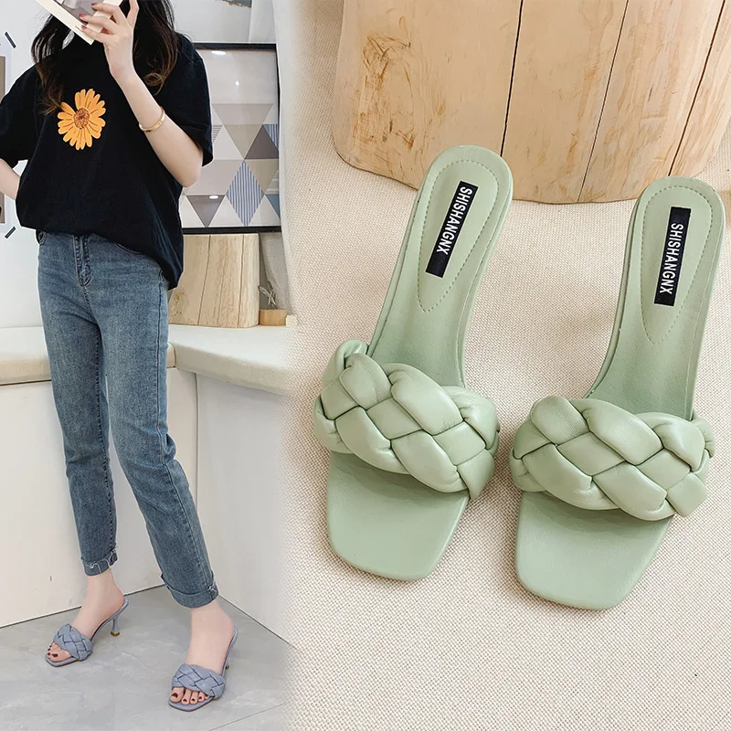 Slippers Women Summer Rubber Flip Flops Shoes Slides Low Heeled Mules Square Toe Pantofle Shallow Fashion Hawaiian High 2024