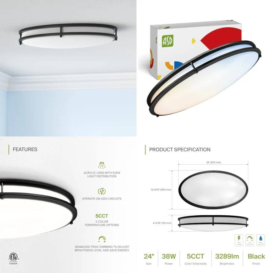 

LED 24" Oval Flush Mount Lighting, Close to Ceiling Light Fixture 5CCT, Dimmable, ETL Listed 38W 3289LM 2700-5000K 120V Low Pro