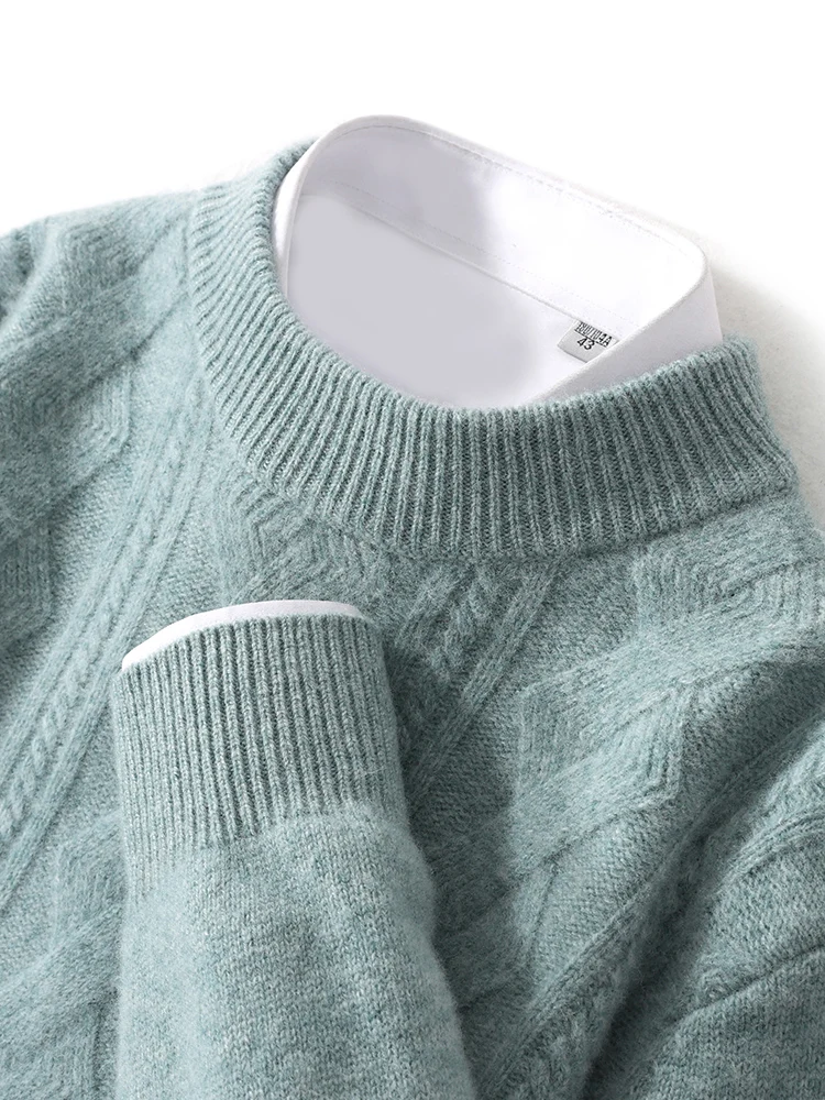 

Autumn Winter Men's Sweater Pullovers Mock Neck 100% Merino Wool Knitwear Twist Flower Long Sleeve Thick Cashmere Clothing Tops