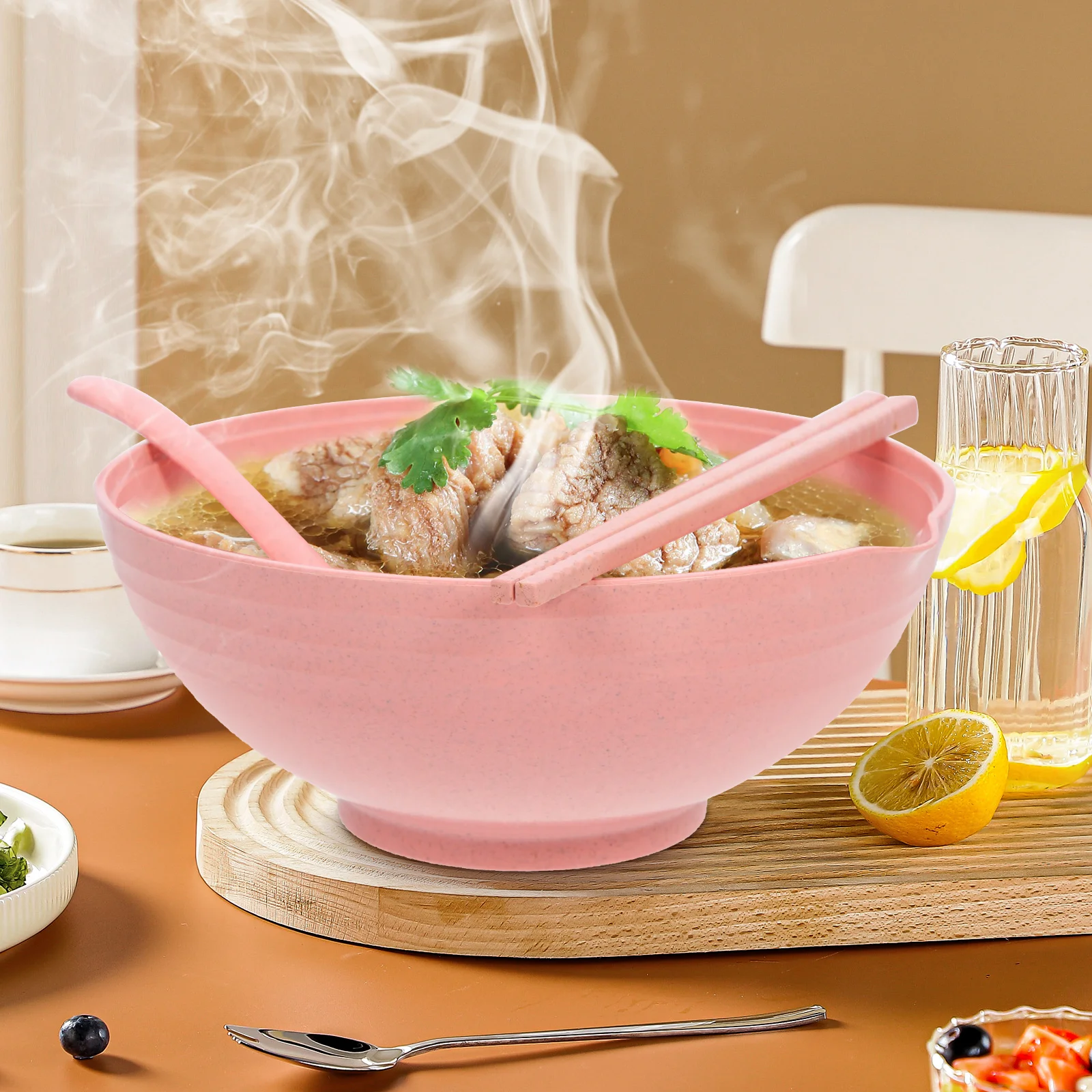 

Ramen Bowl Microwavable Pink Soup Kitchen Noodle Containers Lids Chopsticks Pasta Serving Sturdy Heat Resistant Decorative