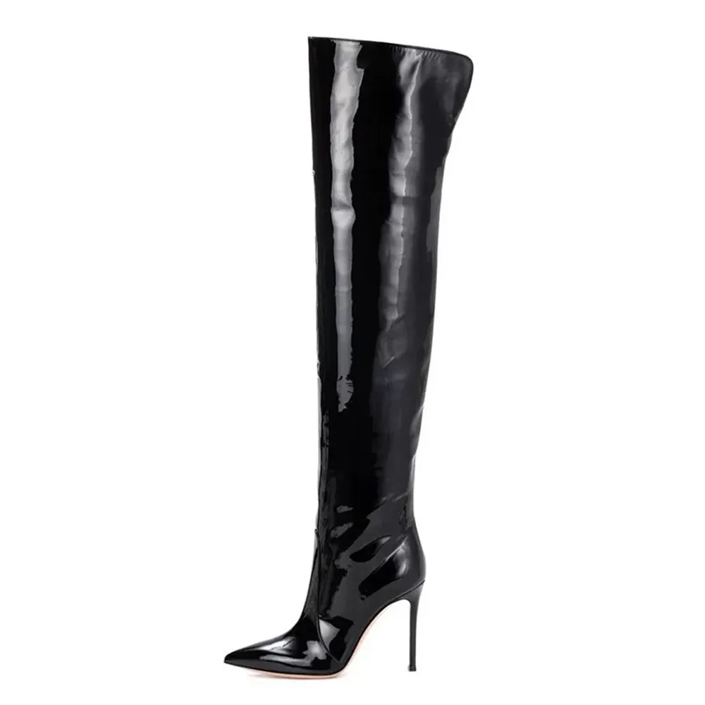 Arden Furtado white over the knee boots Sexy Pointed toe boots for skinny legs Slip-on shiny black Stilettos high heel boots