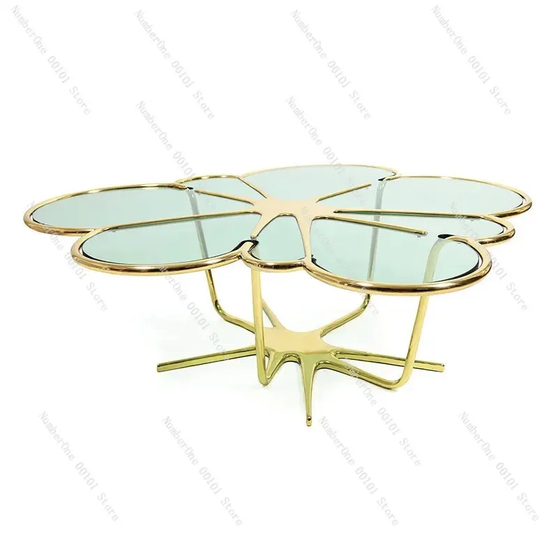 Modern Petal Shape Coffee Table, Tempered Glass & Stainless Steel Center Table for Living Room and Home Decor