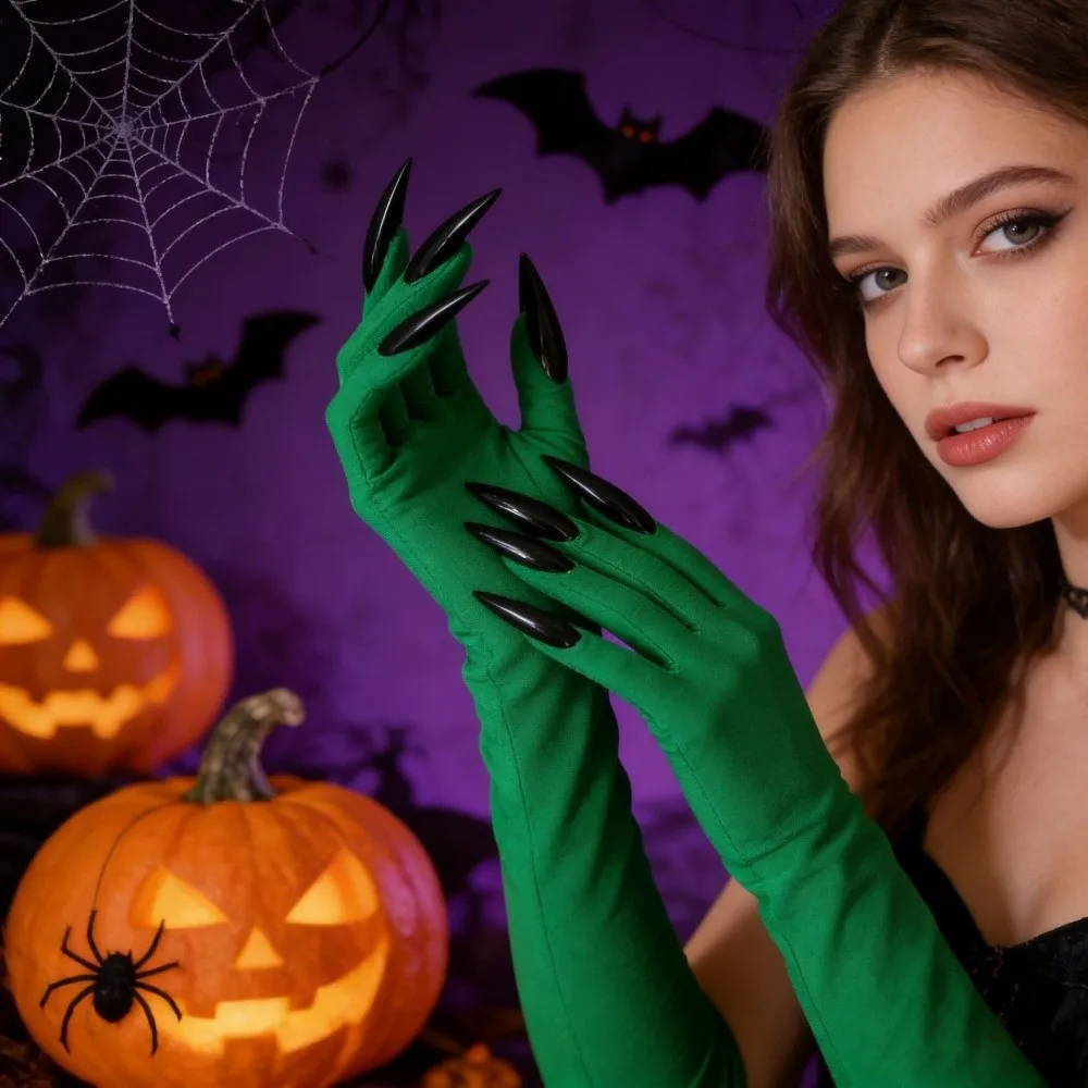 Fancy Props Halloween Cosplay Gloves Solid Color Long Nails Witch Cosplay Costume 43cm Elastic Ghost Claw Mittens