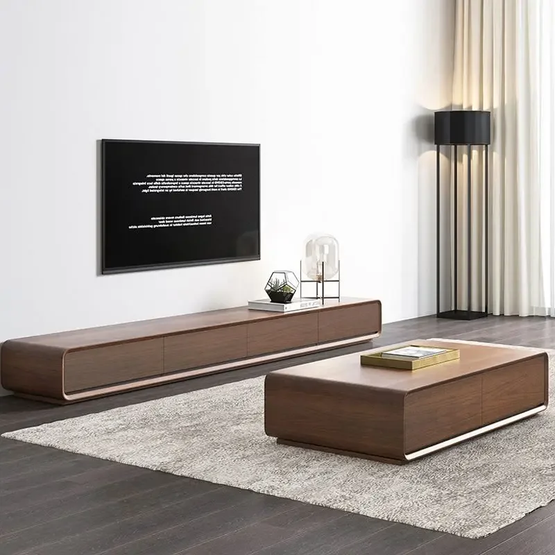 All solid wood TV cabinet antique style Nordic style walnut color small apartment living room narrow