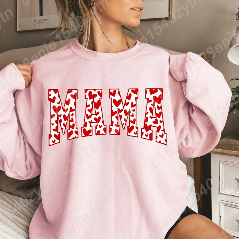 Valentine's Day Mama Print Pullovers Women New Fashion Long Sleeve Pullover Casual Hoodeless Sweatshirts Ladies Solid Color Tops