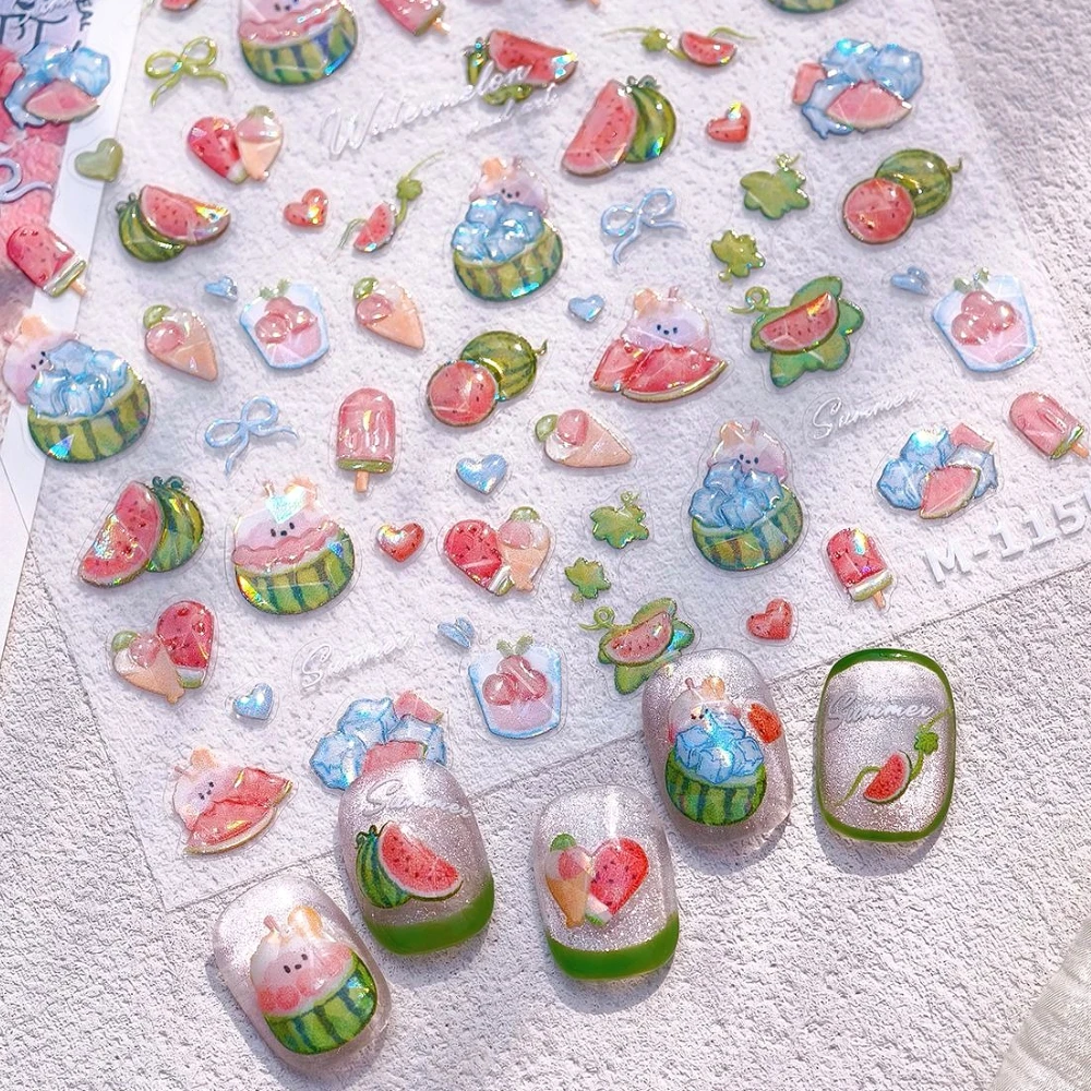 

Lovely Shiny Cartoon Watermelon Popsicle Ice Cube Summer Nail Art Stickers Peach Apple Strawberry Lemon Fruits Manicure Decals