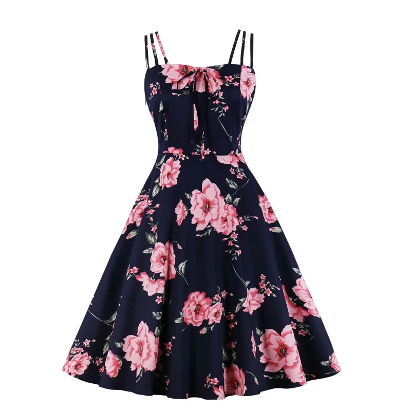 2024 New Bow Front A Line Vintage Elegant Floral Party Cami Dress Women Summer Spaghetti Strap Shirred Back Cotton Retro Dresses