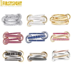 2025 New Iced Out Multi Color Link Chain Connect Band Finger Ring Two Tone Gold Color Zircon Rings For Women Fashion Jewelry