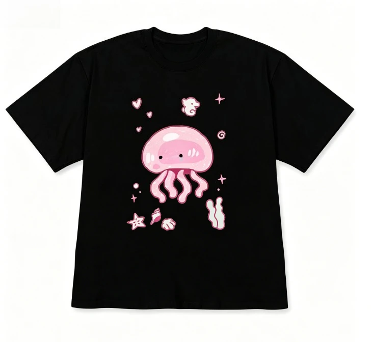 Kawaii Korean Style Short-Sleeve Pink Jellyfish Graphic T-shirt Cute Ocean Aesthetic Casual Top Crew Neck Sale Tee for Girl Boy