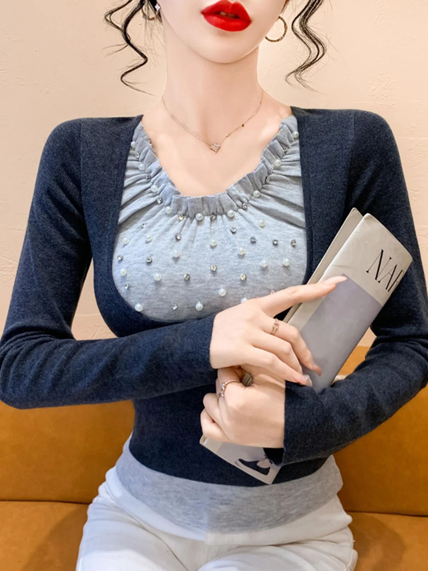 Feminino longo sve malha topo u-ne pesado embelezamento base de emagrecimento irt desgaste interno início do outono novo sle cintura-emagrecimento