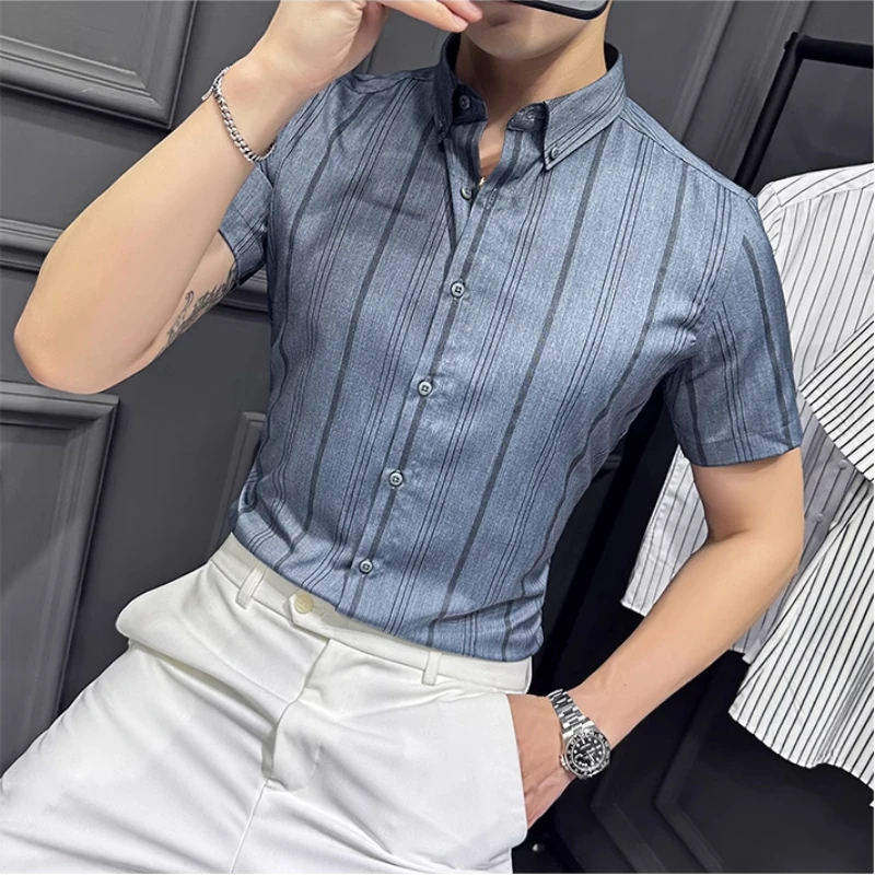 

2023 Summer New Men's Korean Slim Striped Short-sleeved Shirt Stylish Button-down Slim-fit Business Casual Shirt for Men M-5XL