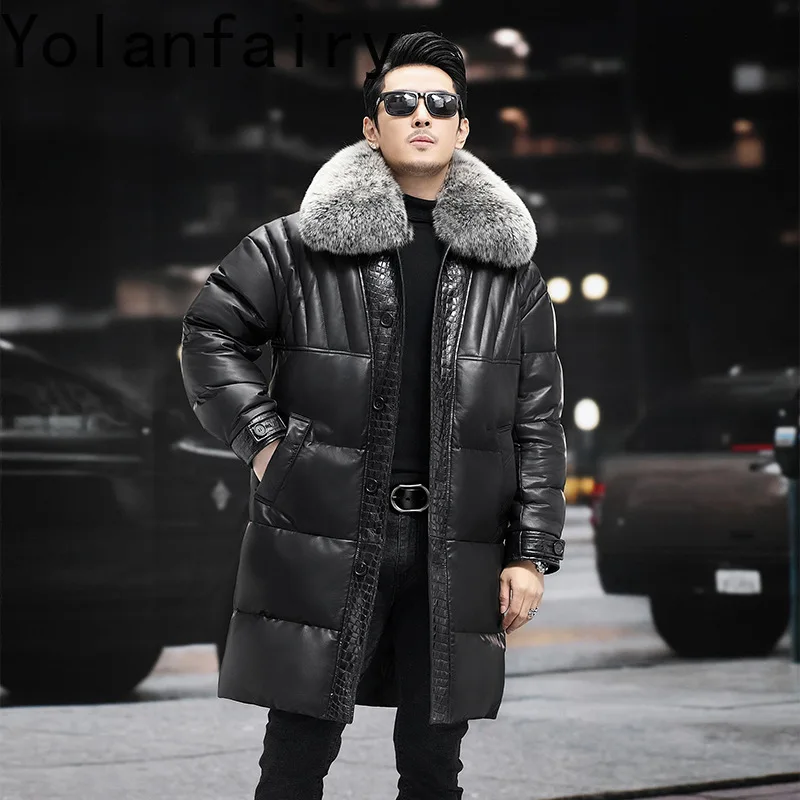 YOLANFAIRY Top Quality Real Sheepskin Genuine Leather Jackets Man Winter Warm Long Down Jacket Fox Fur Collar Crocodile Pattern