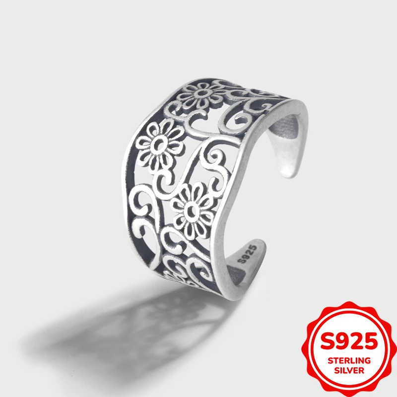 

Fashionable and Versatile Authentic S925 Silver Hollow Pattern Wide Opening Adjustable Ring