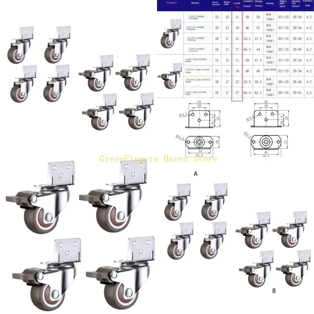 F68D 4 Pack L-Shaped Side Mount Casters with Brake 1/1.25/1.5/2 inch Caster