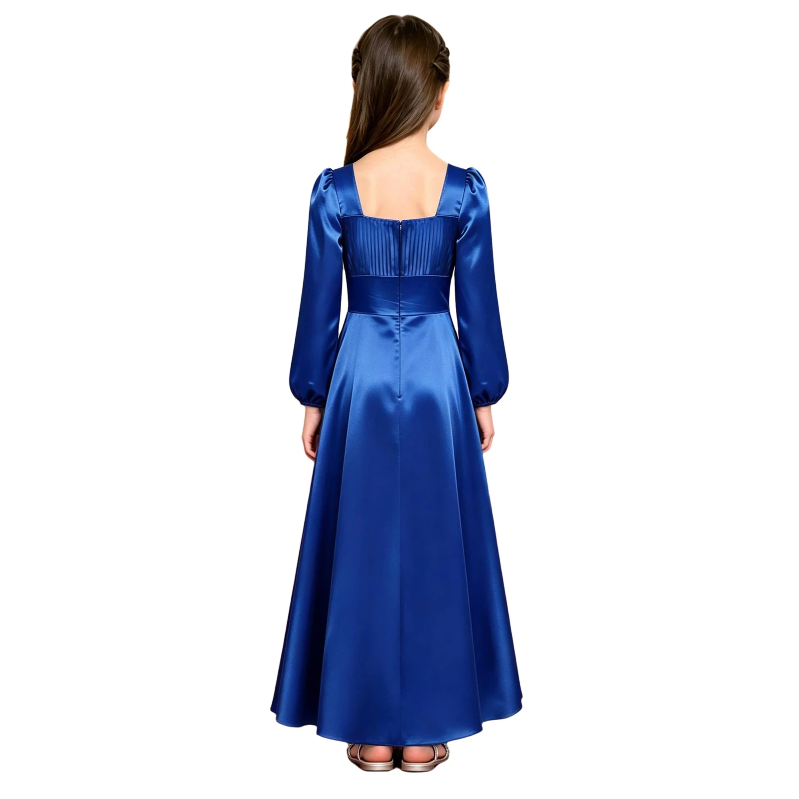Kids Girls Elegant Split Wedding Party Dress Child Puff Sleeves Pleated Bodice Split Satin Dress Banquet Birthday Princess Gowns