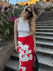 HH Summer Female Elegant Skirt Print Mid-Waist Causal Holiday Style Straight Slit Zipper A-Line Fashion Retro Skirts
