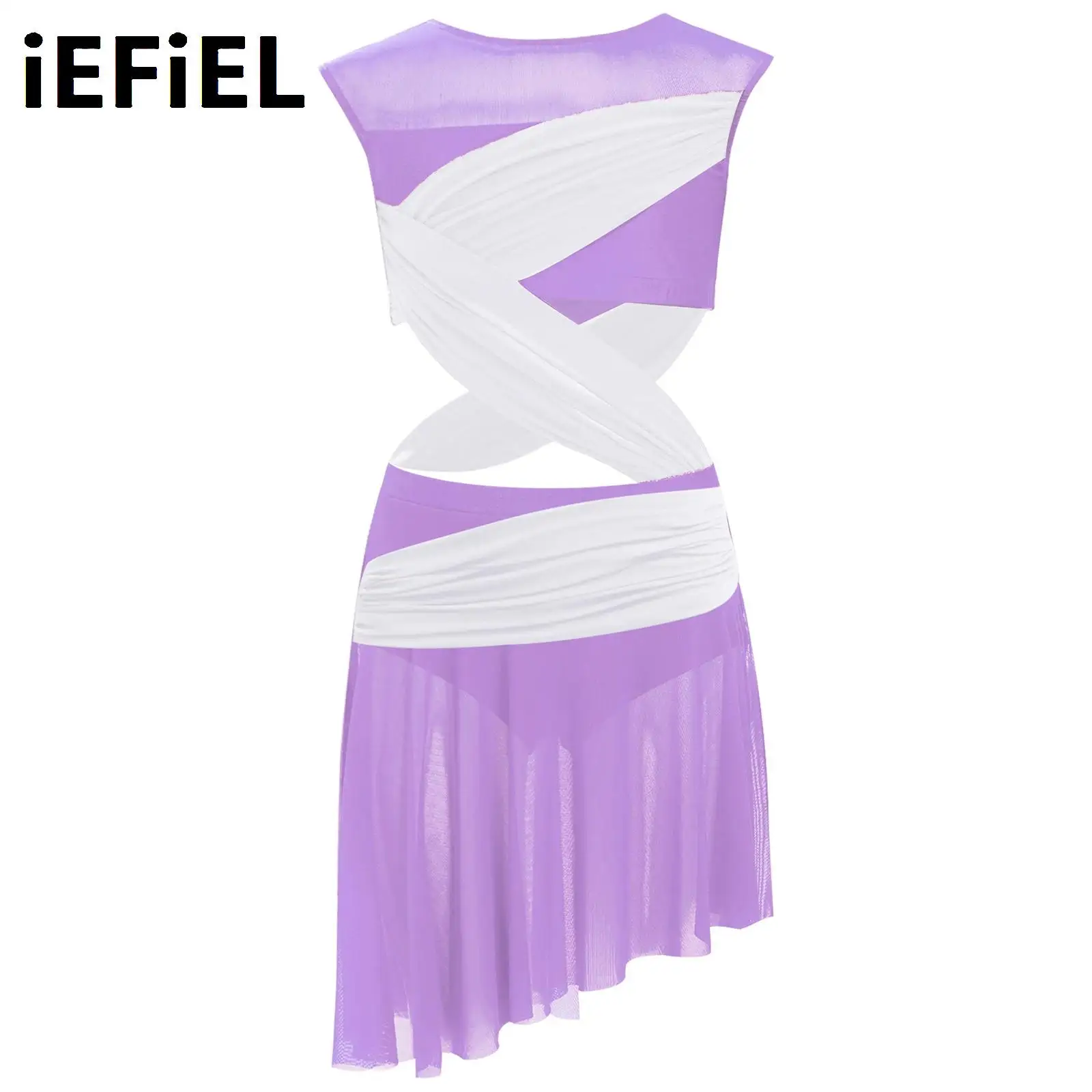 

Kids Girls Lyrical Dance Dress Sleeveless Sheer Mesh Patchwork Asymmetrical One-Piece Dress Dancewear