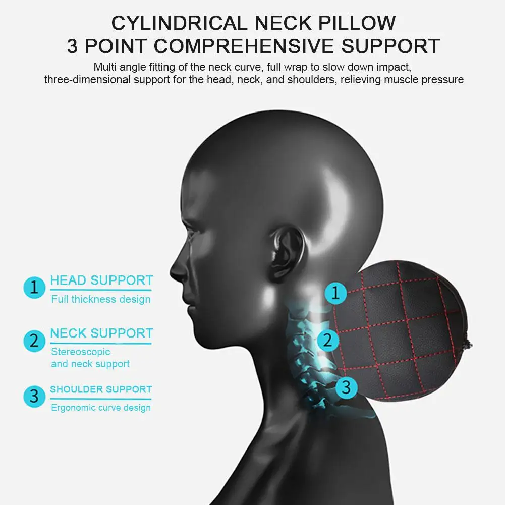 Car Seat Headrest Memory Foam Pillow Soft Breathable Cylinder Neck Pillow with Leather Cover for Car Comprehensive Support