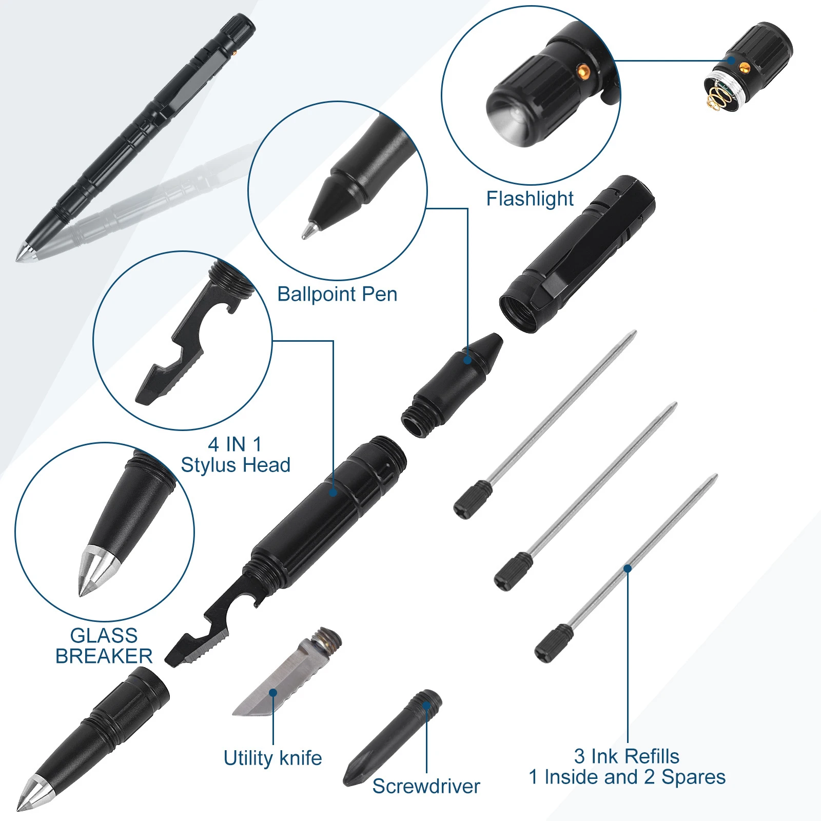 Bolígrafo táctico militar de defensa personal multifuncional de aluminio con luz LED, rompeventanas