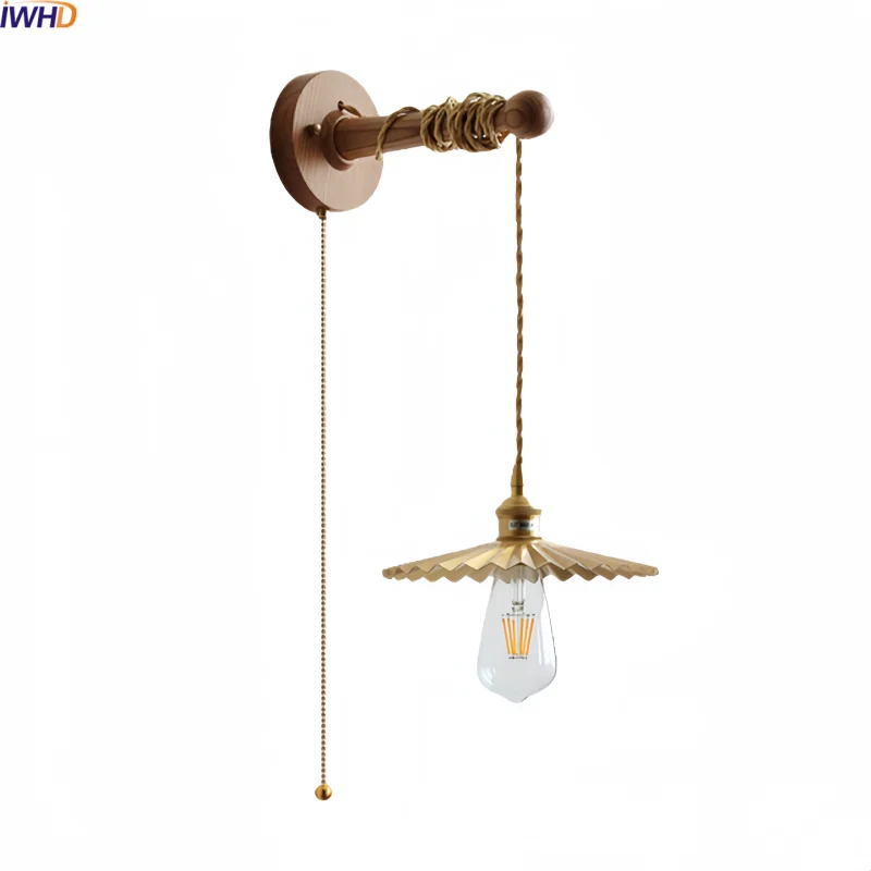 

IWHD Gold Vintage Brass LED Wall Lights Indoor Luxury Kitchen Living Room Decor Ash Wood Bedroom Bedside Lamp Lampade De Parete