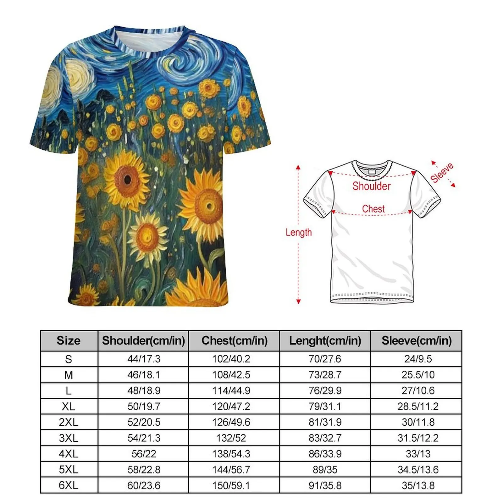 Starry Night Sunflower Print T-Shirt  Novelty T Shirts Male Awesome Tee Shirt Summer Short Sleeve Graphic Tees Big Size 5XL 6XL