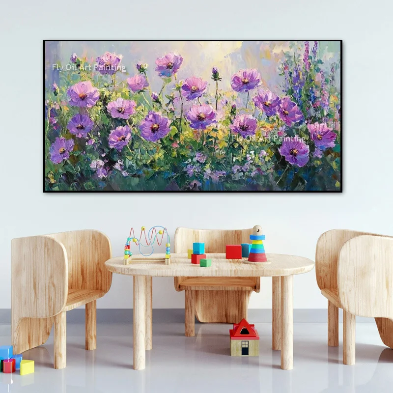 Purple Blooming Florals Field View Canvas Artwork For Living Room Decor Hand Drawn Yellow Purple Flower Vase Oil Painting